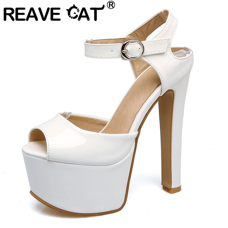 Peep Toe Heels - REAVE 猫ファッション女性サンダルピープトウ超ハイヒール 16 センチメートルプラットフォーム 5.5 センチメートルバックルストラッププラスサイズ