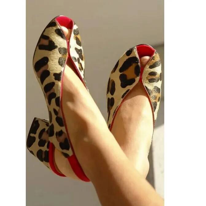 Peep Toe Heels - レオパード柄 ピープトゥ スリングバック レディース サンダル チャンキーヒール