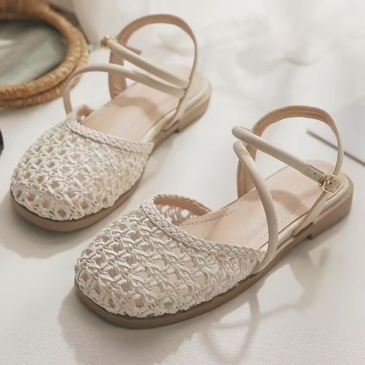 Slingback Pumps Women - 女性用フレンチスタイルクローズドトゥサンダル、夏用中空シングルストラップ、チャンキーヒール、大きいサイズ