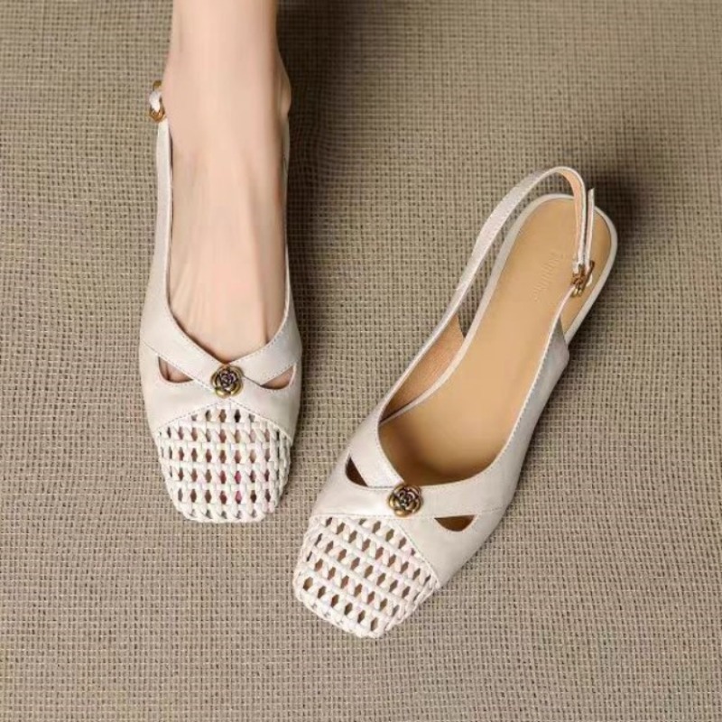 Slingback Pumps Women - レディース フレンチスタイル クローズドトゥ サンダル、チャンキーヒール、多用途な編み込みシューズ、2026年夏 ホロー 通気性