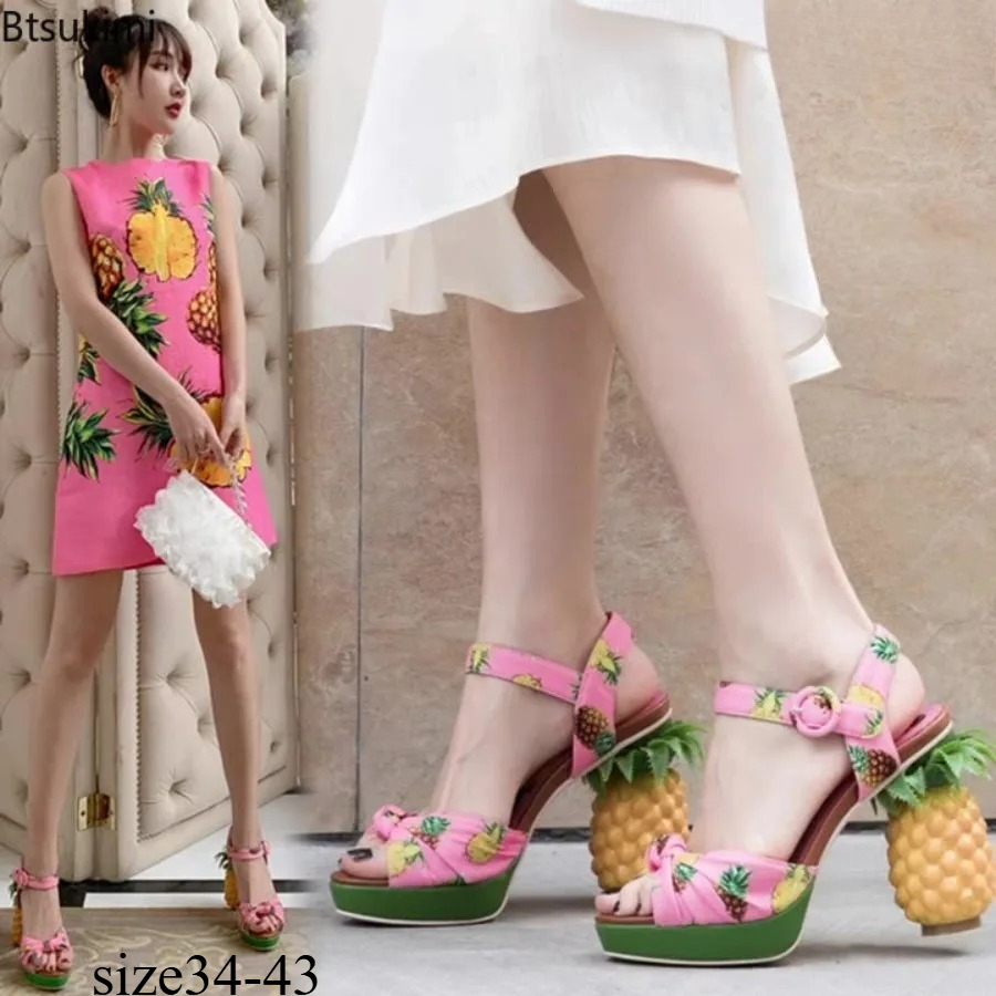 Peep Toe Heels - ファッショナブルで楽しい女性用パイナップルプリントオープントゥ厚底サンダル、バックルストラップと個性的なパイナップルハイヒール付き