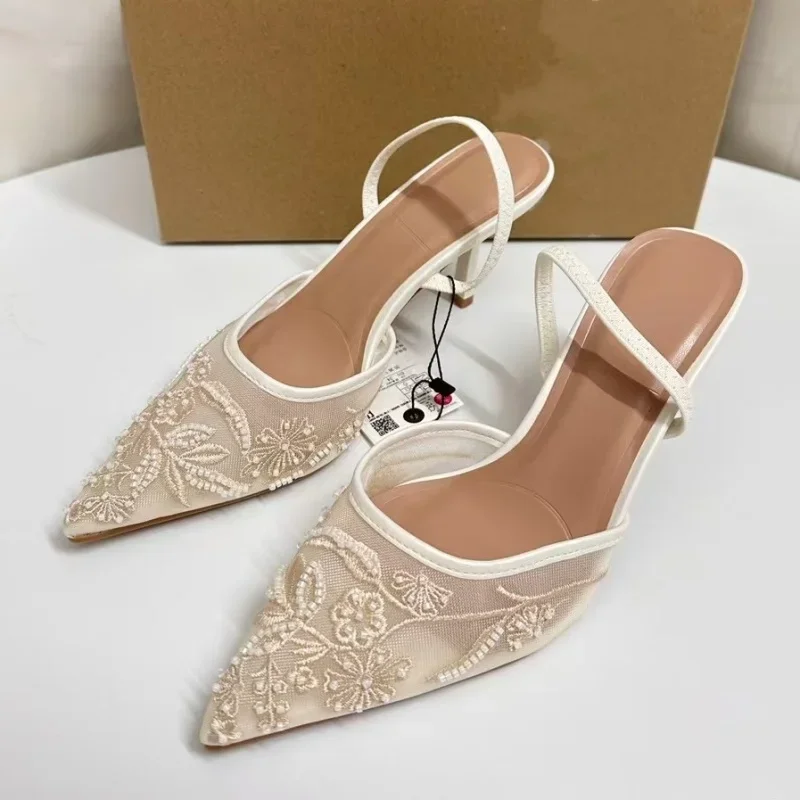 Women Shoes Zara - ブランドデザイナー白人女性の結婚式のパンプスメッシュ刺繍花バックストラップセクシーなスリングバックハイヒールドレスシューズ女性のための