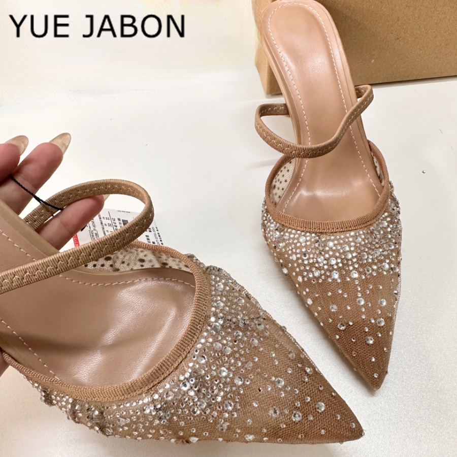 Women Shoes Zara - メッシュラインストーンハイヒールサンダル女性ファッションデザイナースリングバック夏の靴女性グリッター宝石ポインテッドトゥパンプス女性