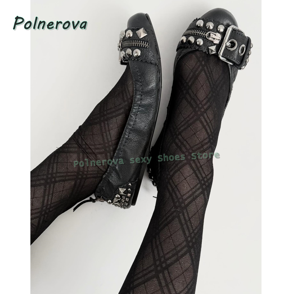 Slingback Pumps Women - リベットベルトバックル付きメリージェーンシューズ、ポインテッドトゥ、浅いジッパー装飾、レディースファッションパンプス、2026年春夏シューズ