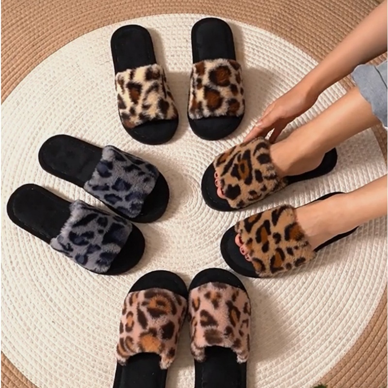 Women'S Shoes For Flat Feet - 2025年冬用 暖かいふわふわのレオパード柄スリッパ レディース 軽量フラットヒール ファーサンダル カップル向け