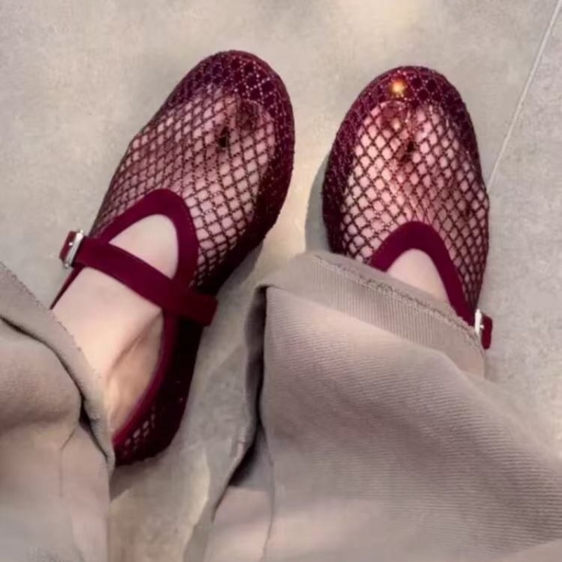 Slingback Pumps Women - 中空ラインストーンバオトウサンダル レディース 2026年新作 フィッシングネット通気性織りメリージェーンシングルシューズ