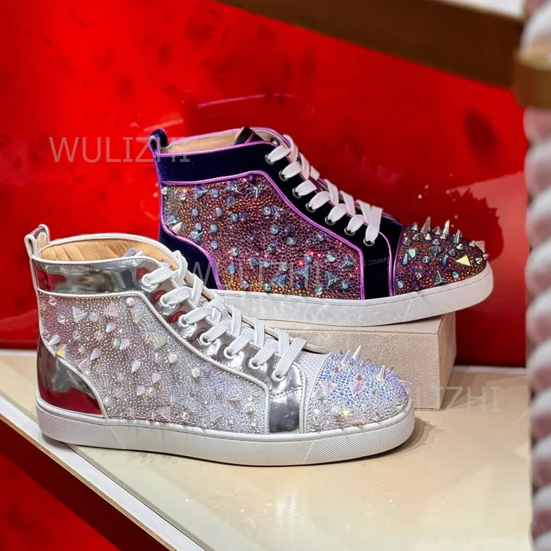 Women Shoes Tennis - ダークパープルクリスタルリベットメンズスニーカーフラットレースアップレッドソールアンクルスポーツブリンスエードランニングローファーサマーカップルテニスシューズ
