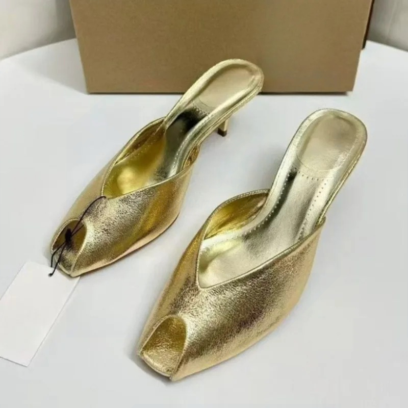 Peep Toe Heels - レディースパンプス デザイナーゴールド ミュールサンダル ラグジュアリーハイヒール レディースファッション ピープトゥ
