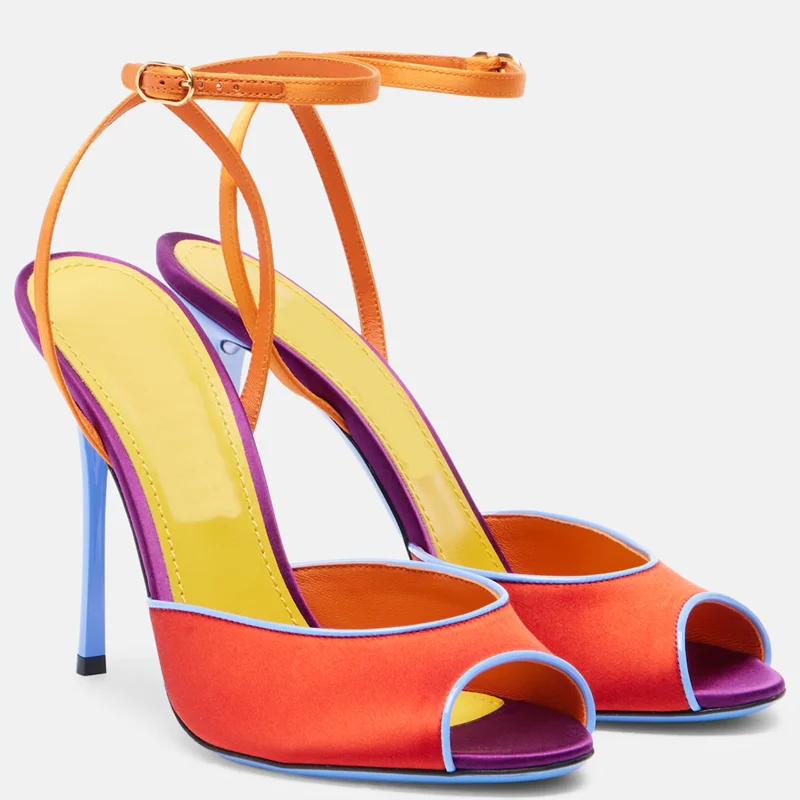 サテン混合色のピープトゥサンダル、セクシーなラウンドトゥ、細 - Peep Toe Heels のレビューと価格