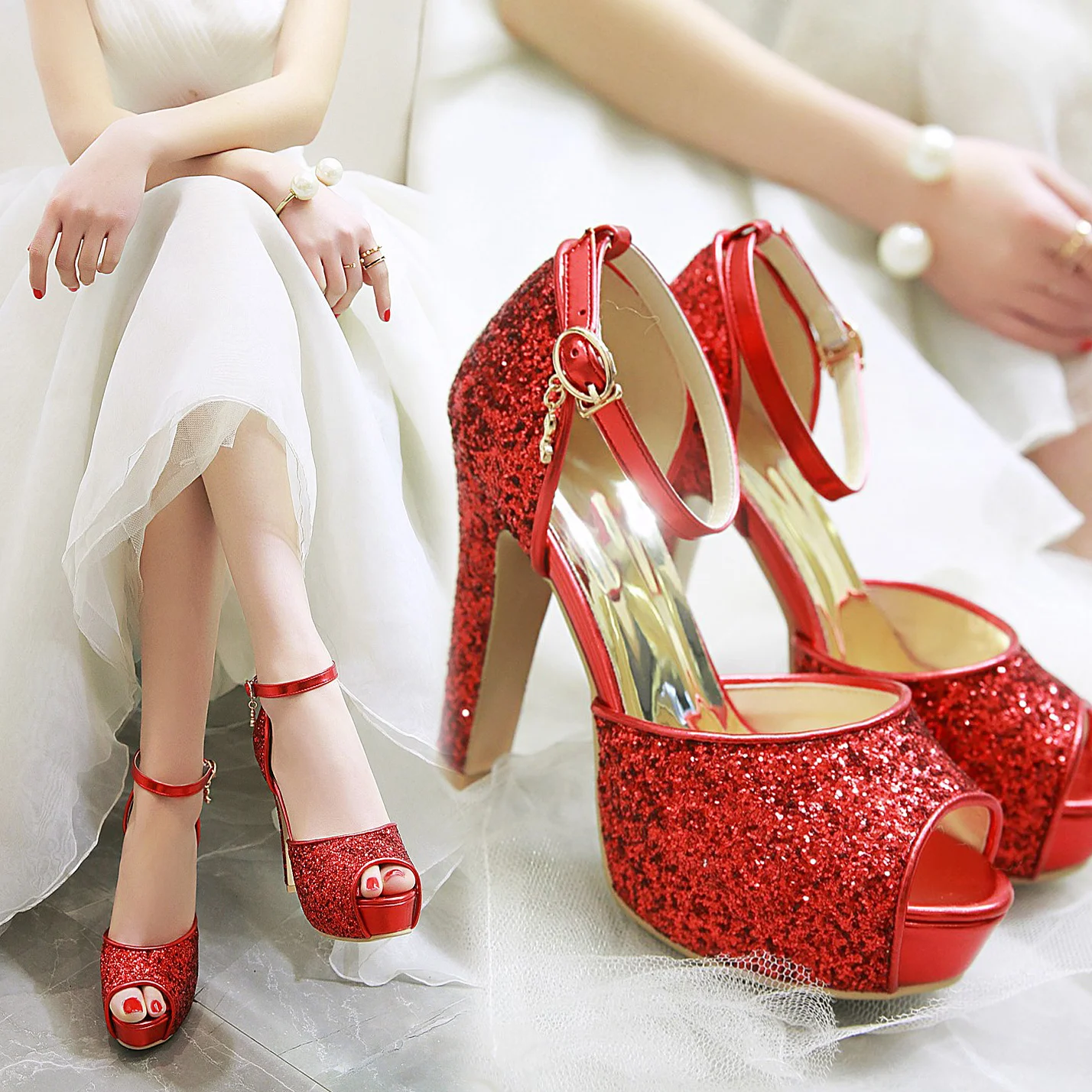 シルバー夏の女性のハイヒールプラットフォームサンダルゴールド - Peep Toe Heels のレビューと価格