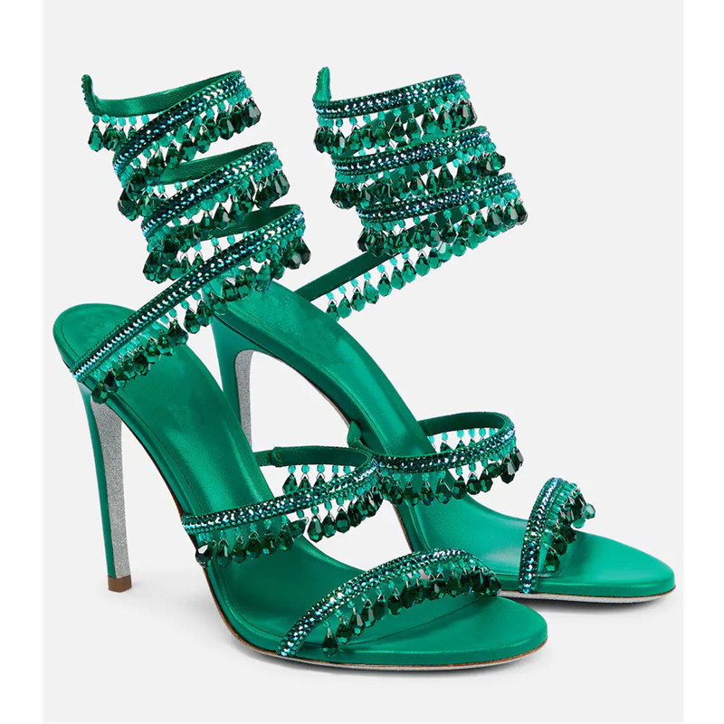 セクシーなグリーンクリスタルフリンジスティレットサンダル女性 - Peep Toe Heels のレビューと価格