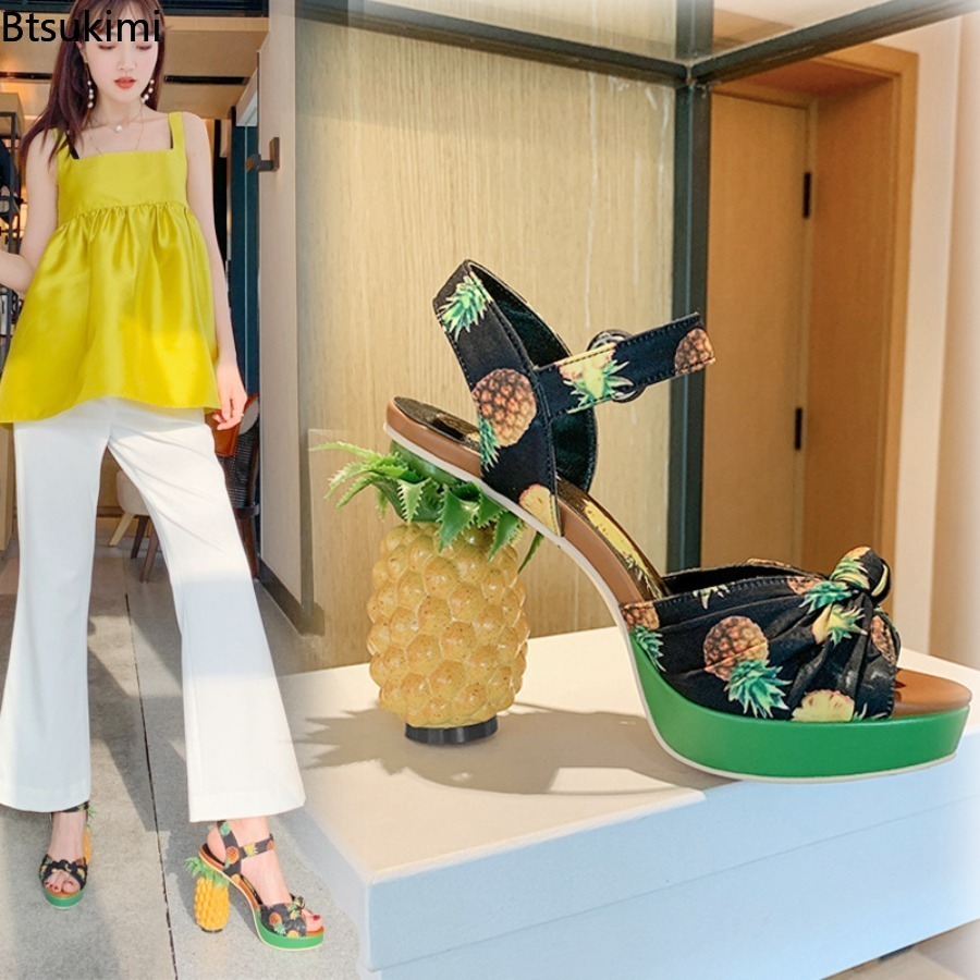 ファッショナブルで楽しい女性用パイナップルプリントオープント - Peep Toe Heels のレビューと価格