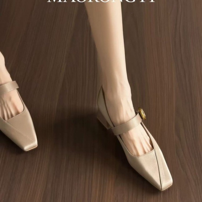新しいシルクスクエアヘッドシングルシューズ女性ミッドヒールフ - Slingback Pumps Women のレビューと価格