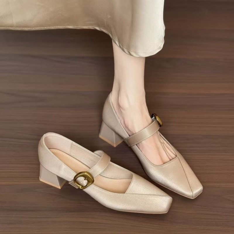 新しいシルクスクエアヘッドシングルシューズ女性ミッドヒールフ - Slingback Pumps Women のレビューと価格