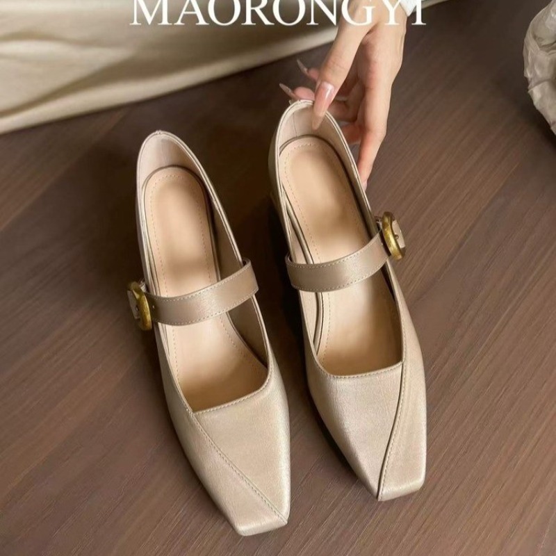 新しいシルクスクエアヘッドシングルシューズ女性ミッドヒールフ - Slingback Pumps Women のレビューと価格