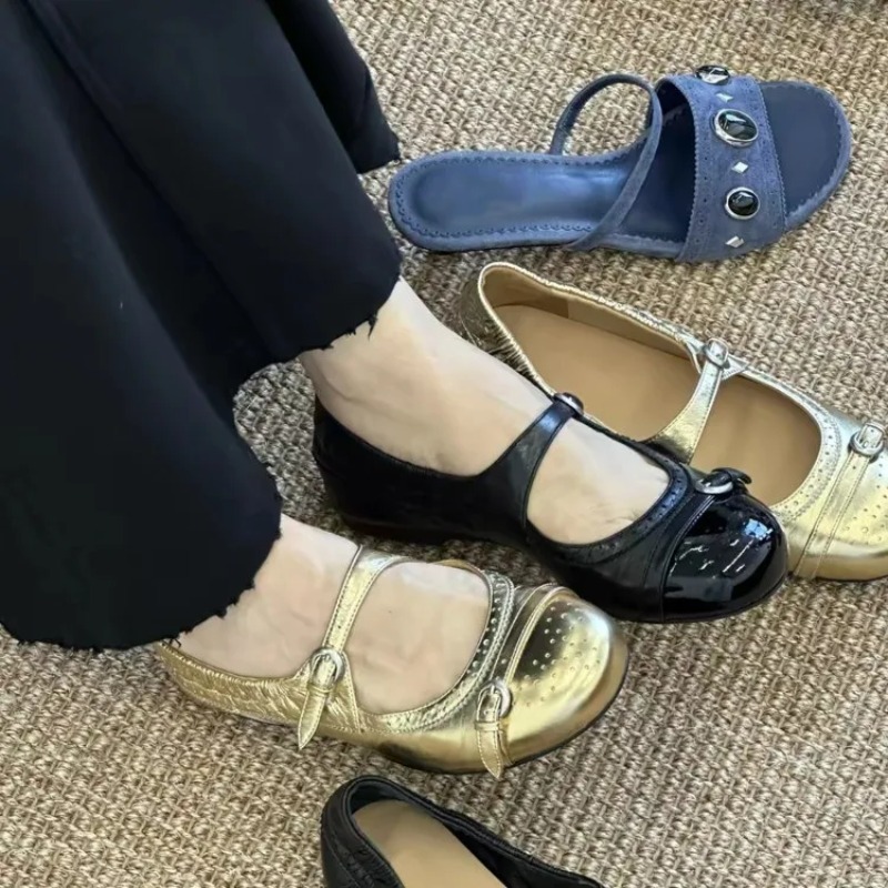 ヴィンテージメタルバックルレザーメリージェーンシングルシュー - Slingback Pumps Women のレビューと価格